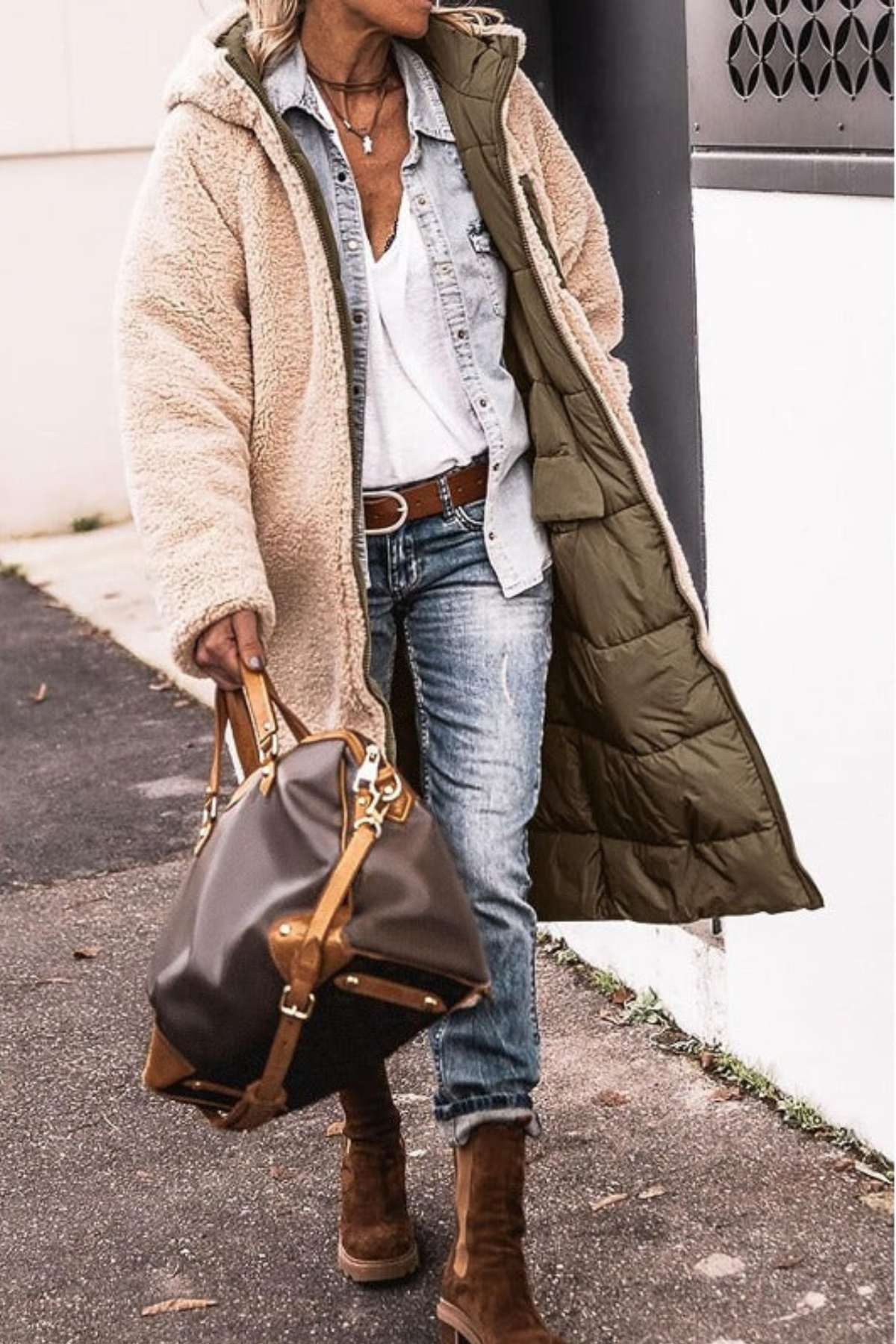 Long Reversible Puffer Coat with Sherpa Lining and Hood