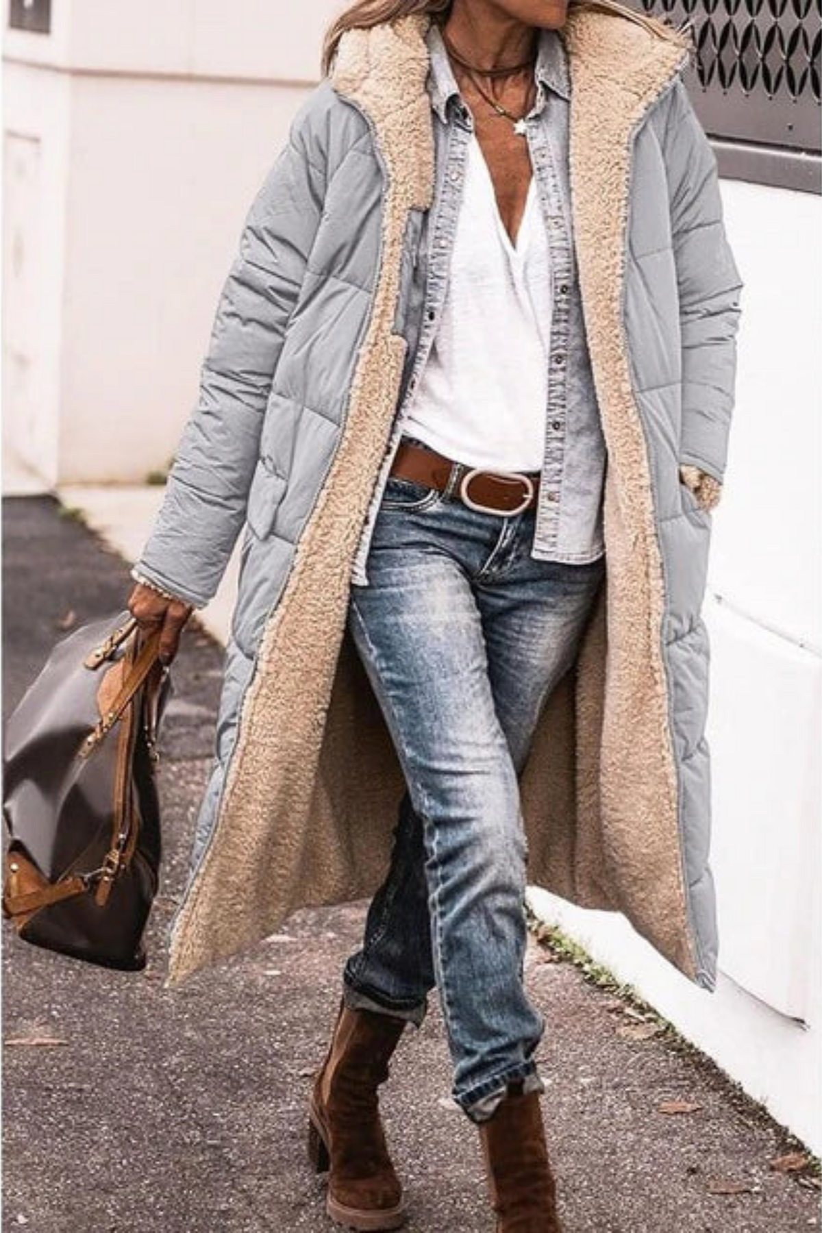 Long Reversible Puffer Coat with Sherpa Lining and Hood