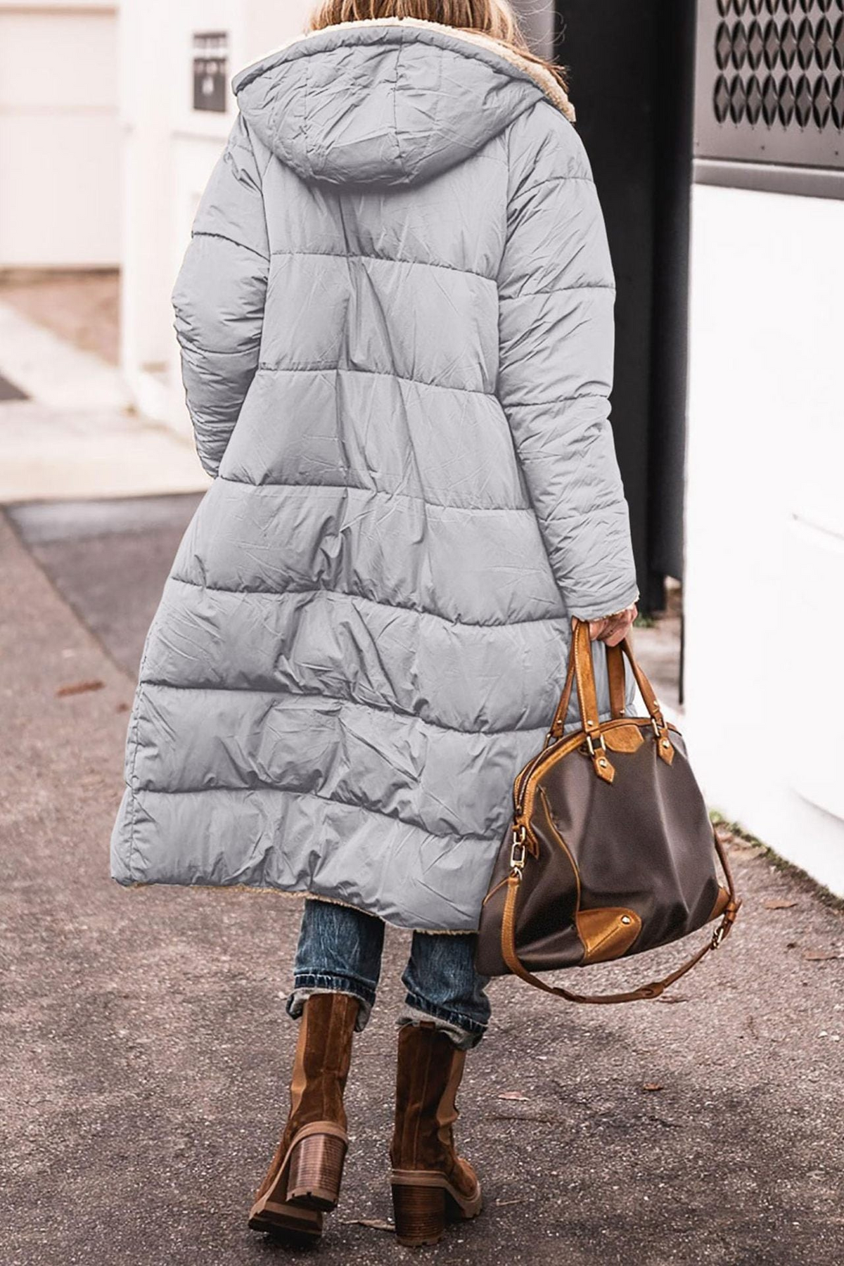 Long Reversible Puffer Coat with Sherpa Lining and Hood