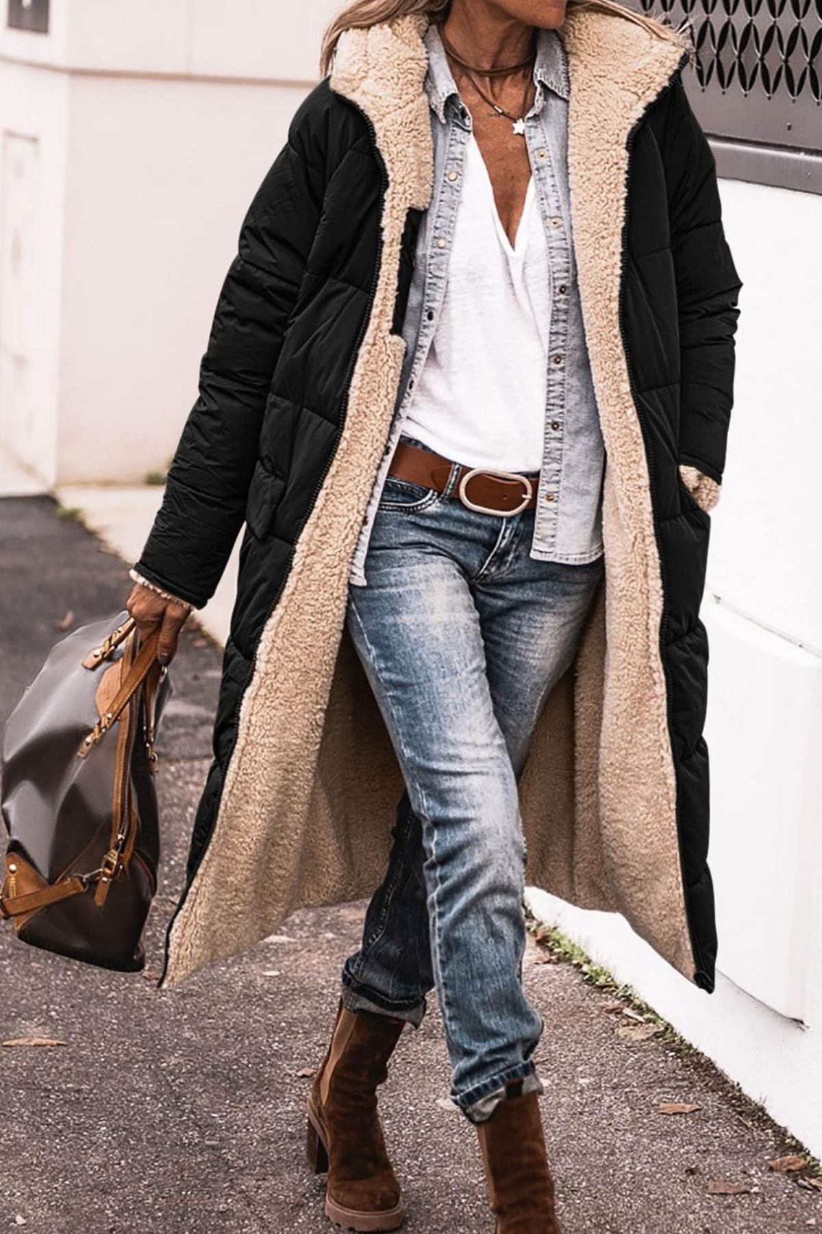 Long Reversible Puffer Coat with Sherpa Lining and Hood