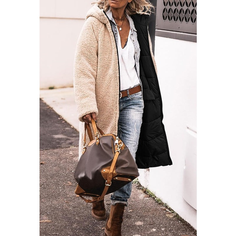 Long Reversible Puffer Coat with Sherpa Lining and Hood