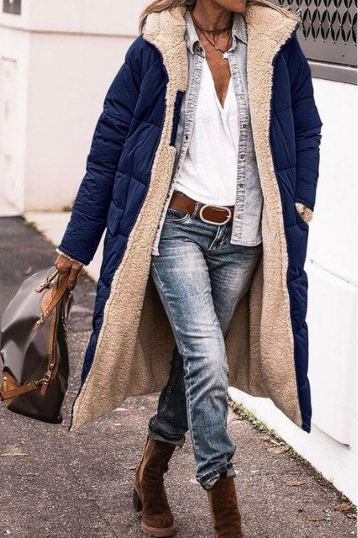 Long Reversible Puffer Coat with Sherpa Lining and Hood