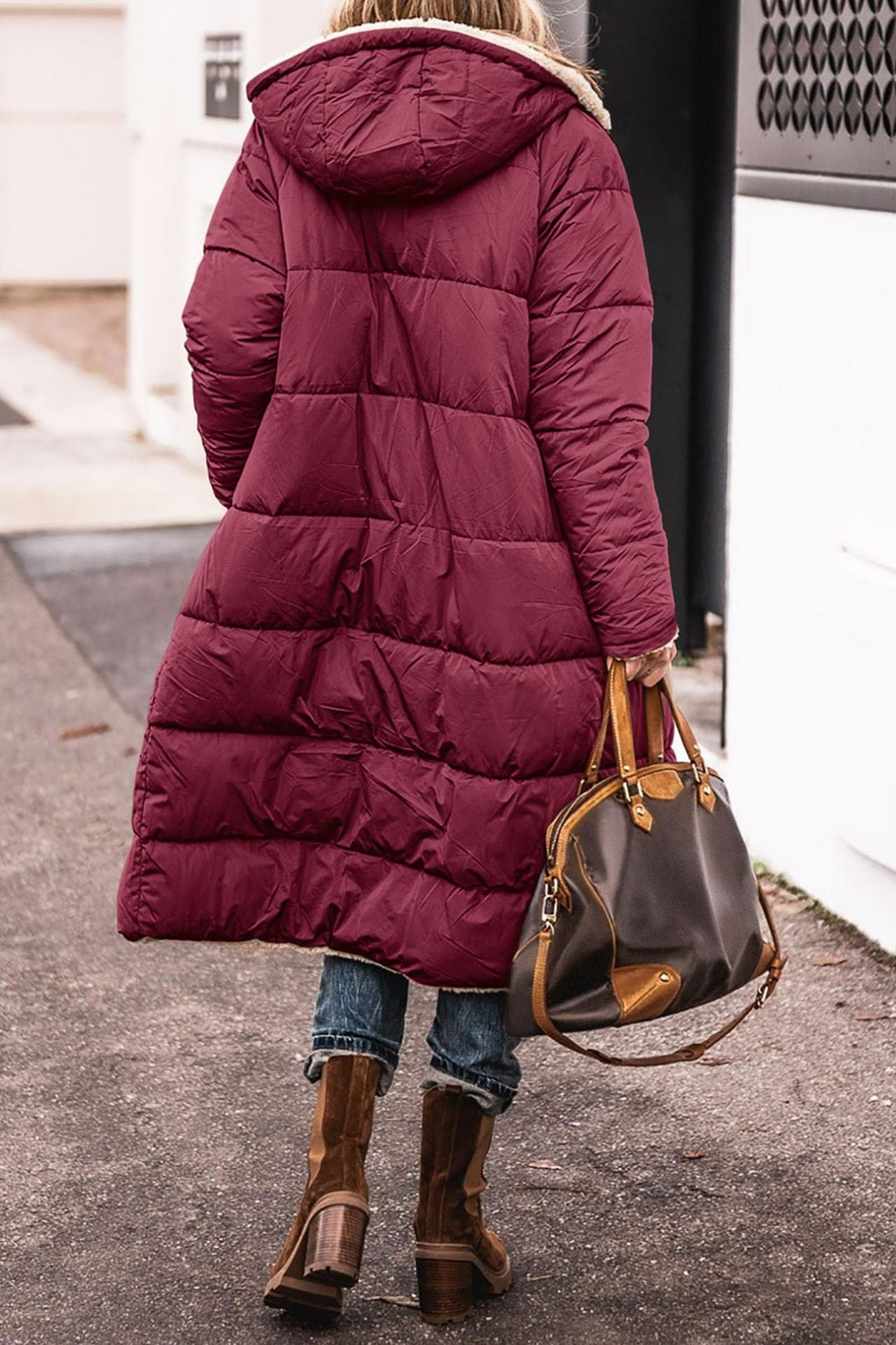 Long Reversible Puffer Coat with Sherpa Lining and Hood