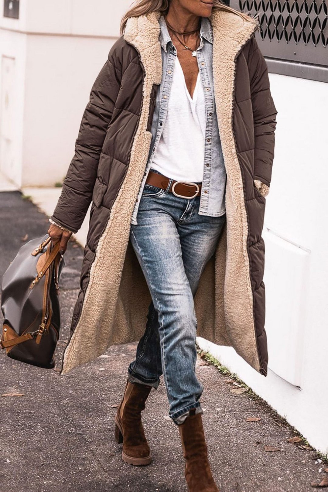 Long Reversible Puffer Coat with Sherpa Lining and Hood