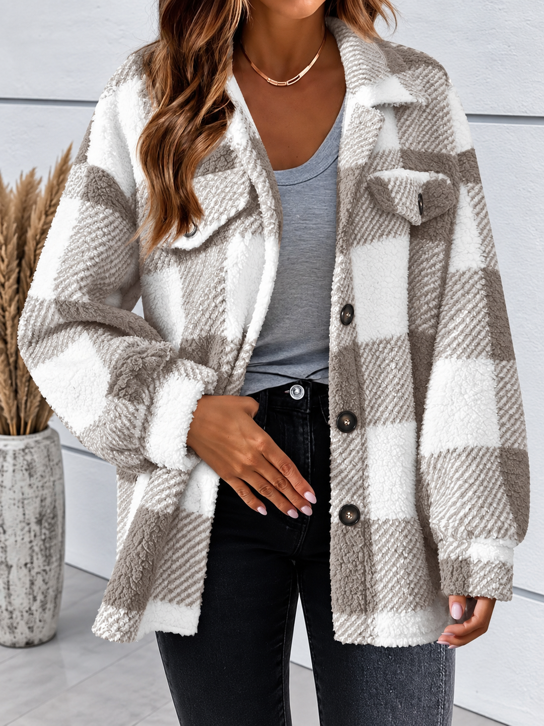 Cosy Plaid Fleece Shacket with Pockets Detail