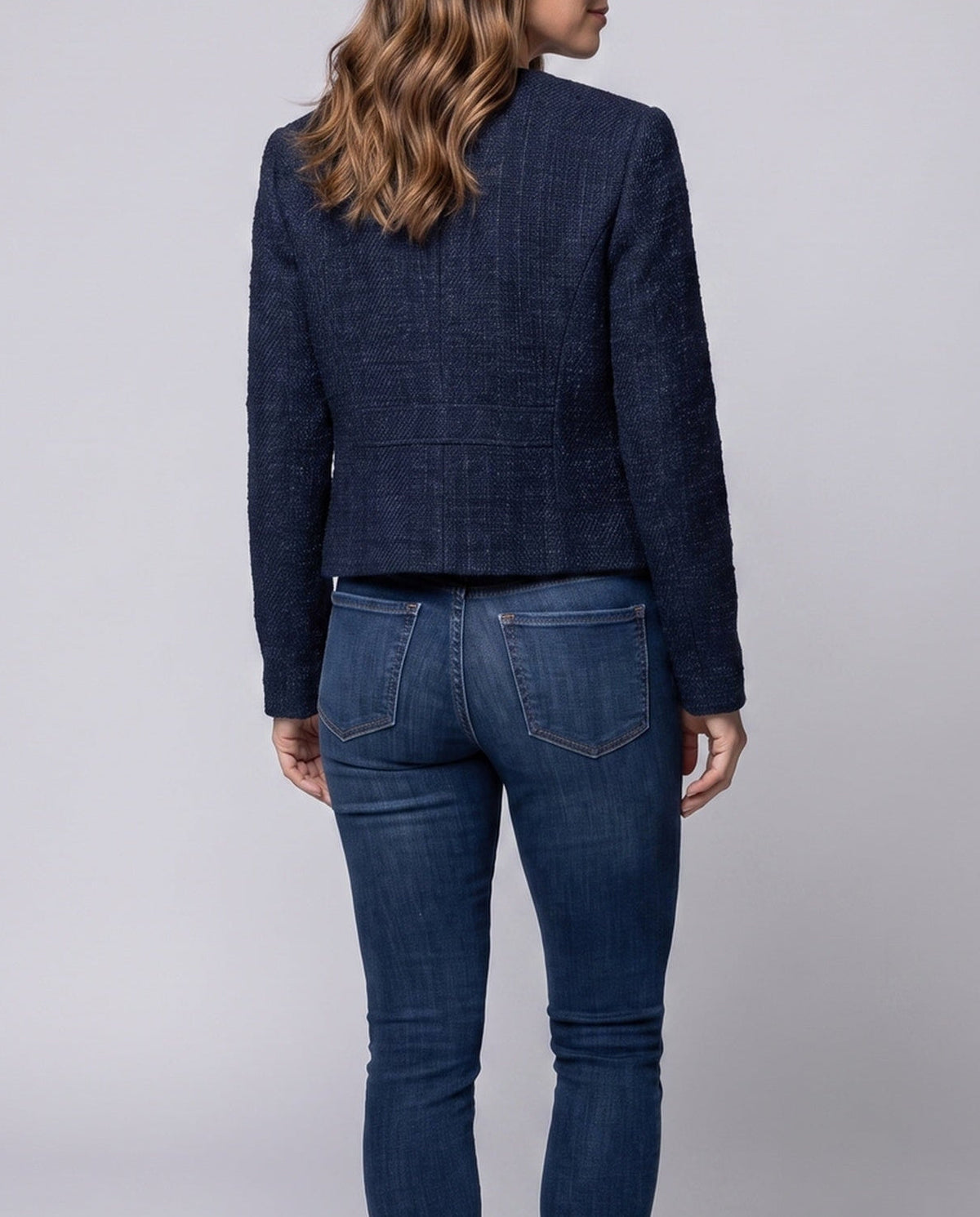 Navy Blue Cropped Tweed Jacket with Silver Buttons