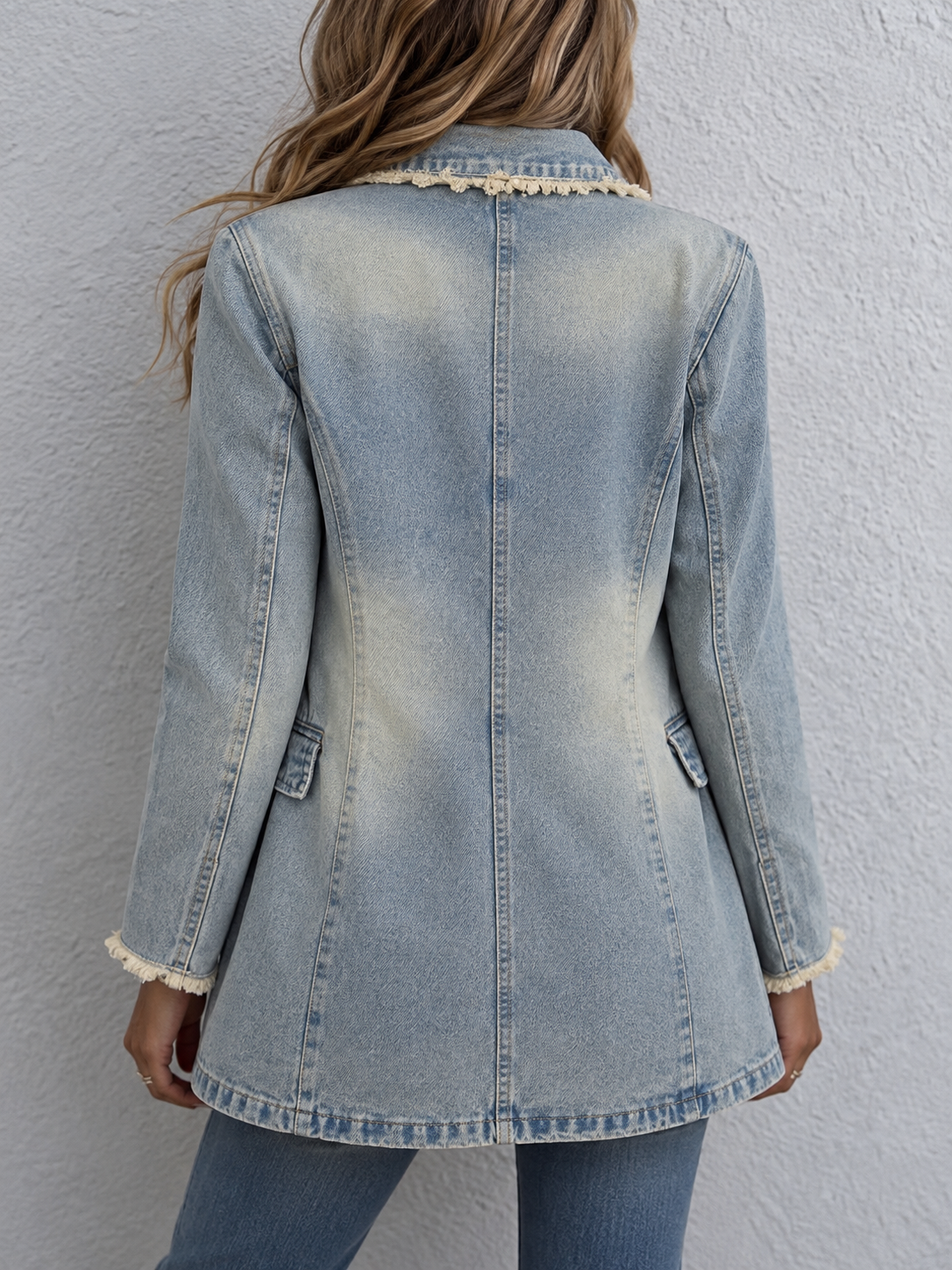 Oversized Denim Blazer with Frayed Trim and Flap Pockets