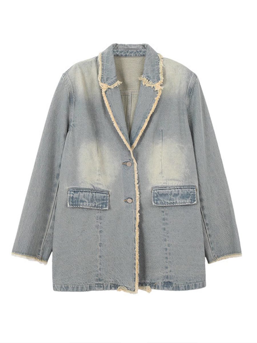 Oversized Denim Blazer with Frayed Trim and Flap Pockets