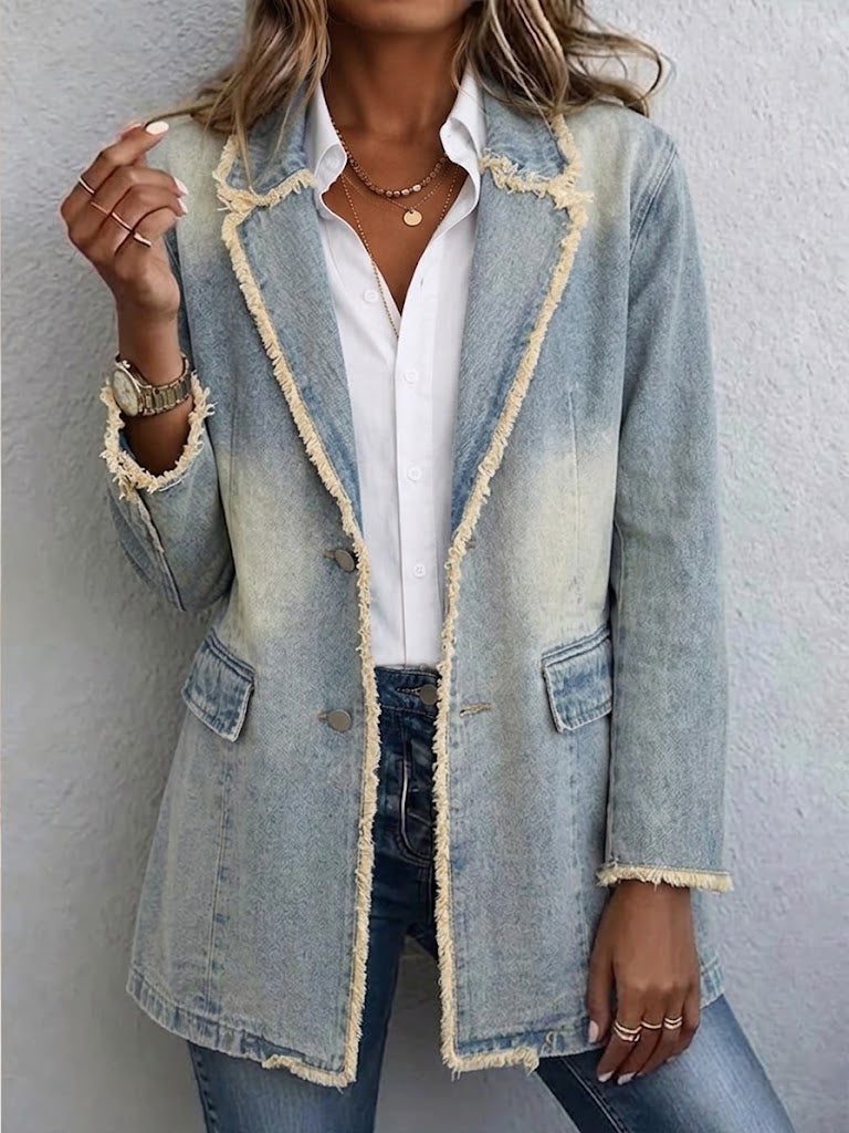 Oversized Denim Blazer with Frayed Trim and Flap Pockets
