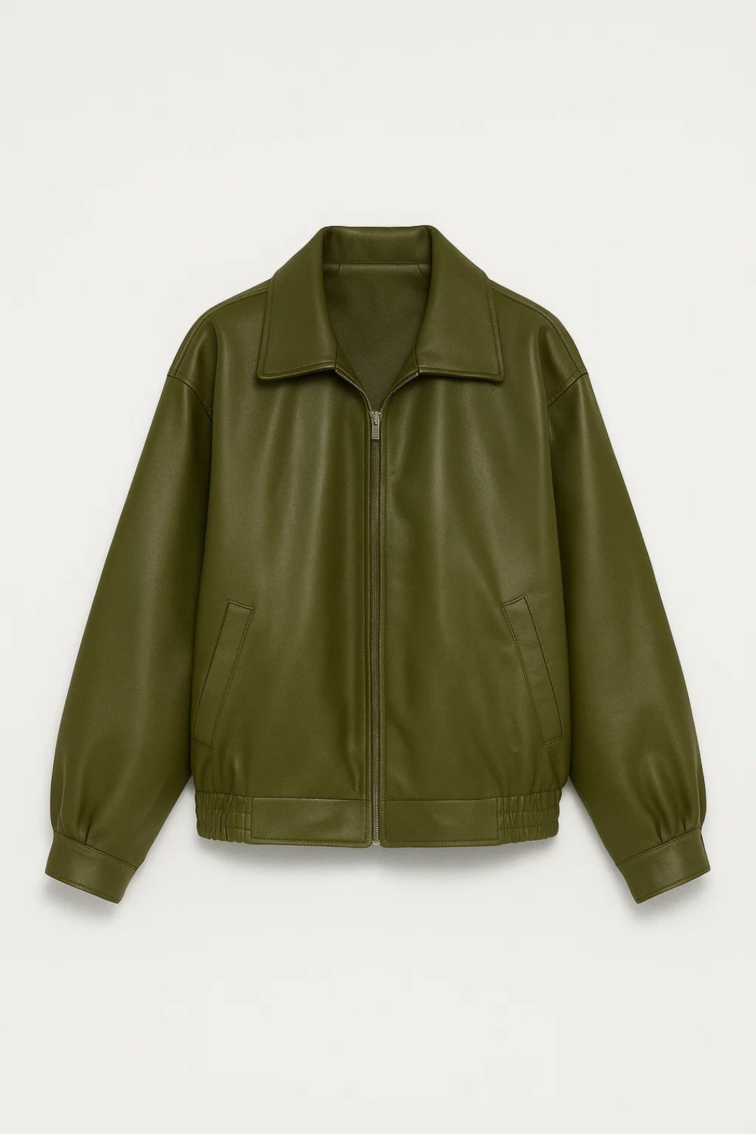 Oversized Leather Bomber Jacket with Zip Closure