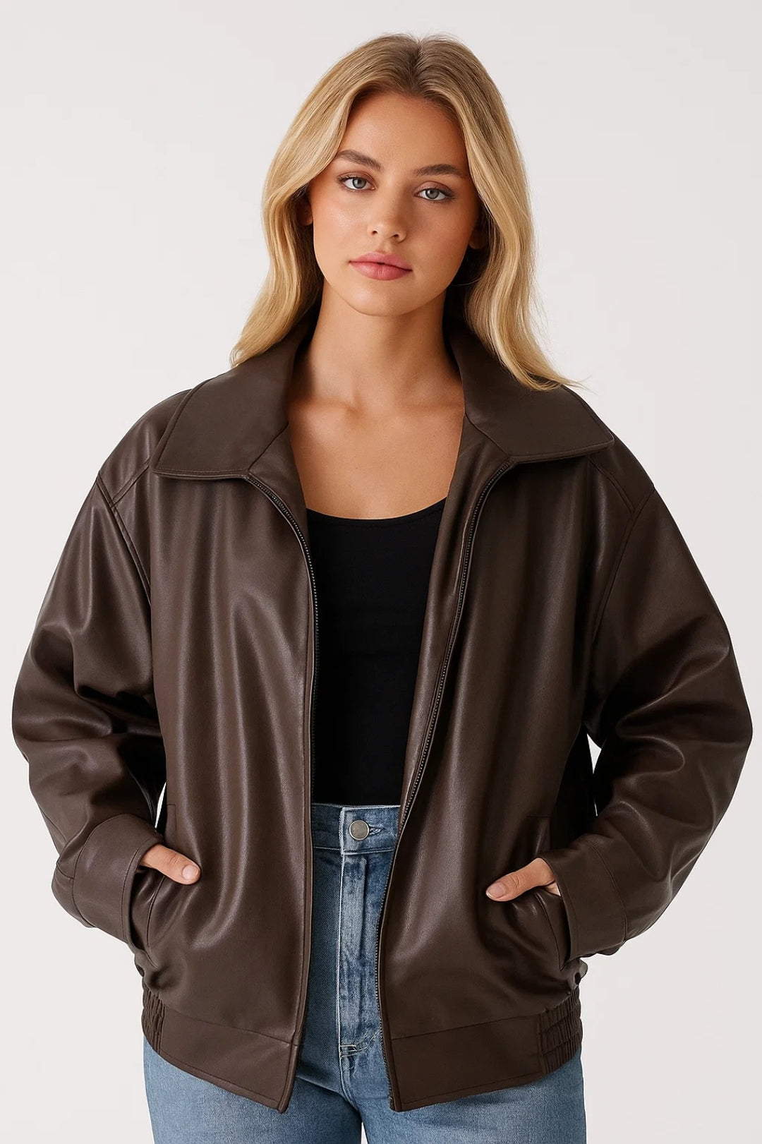 Oversized Leather Bomber Jacket with Zip Closure