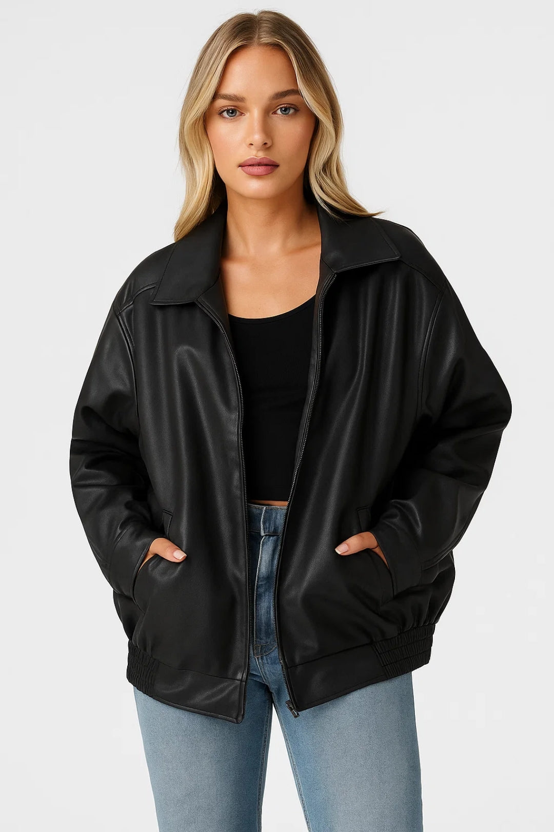 Oversized Leather Bomber Jacket with Zip Closure