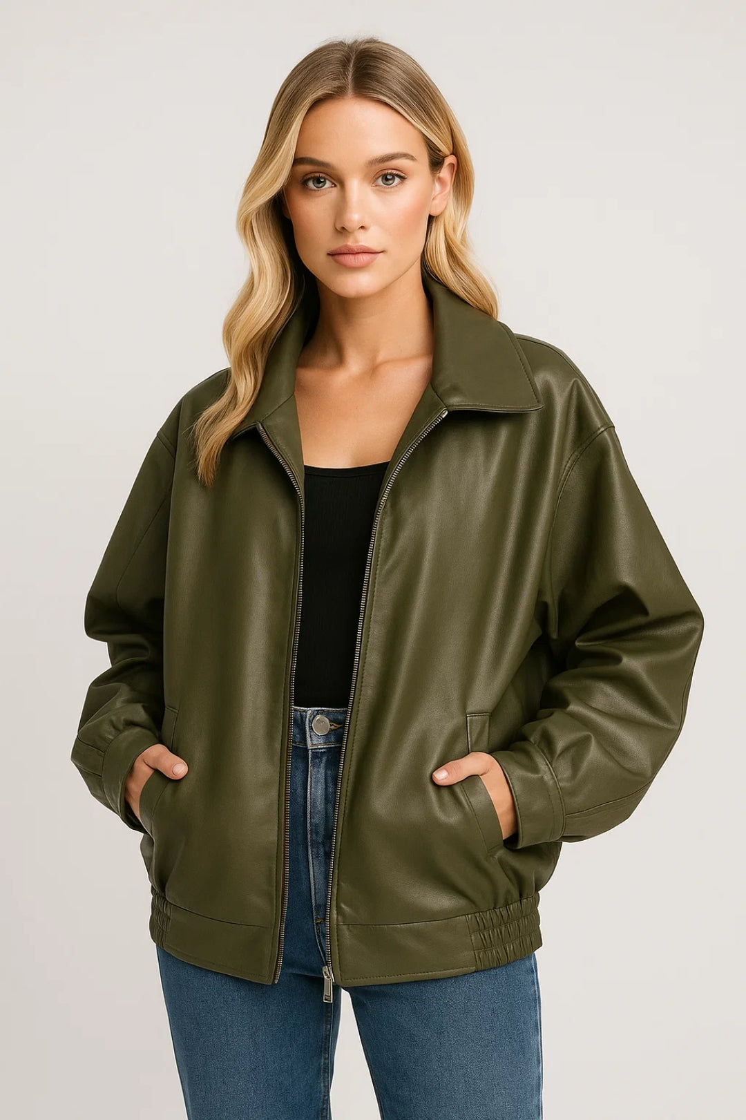Oversized Leather Bomber Jacket with Zip Closure