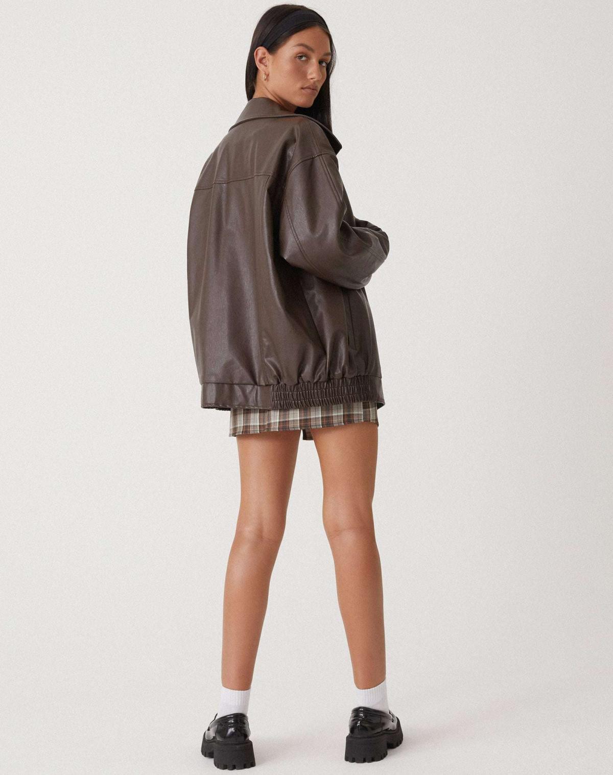 Oversized Faux Leather Bomber Jacket with Zip Front