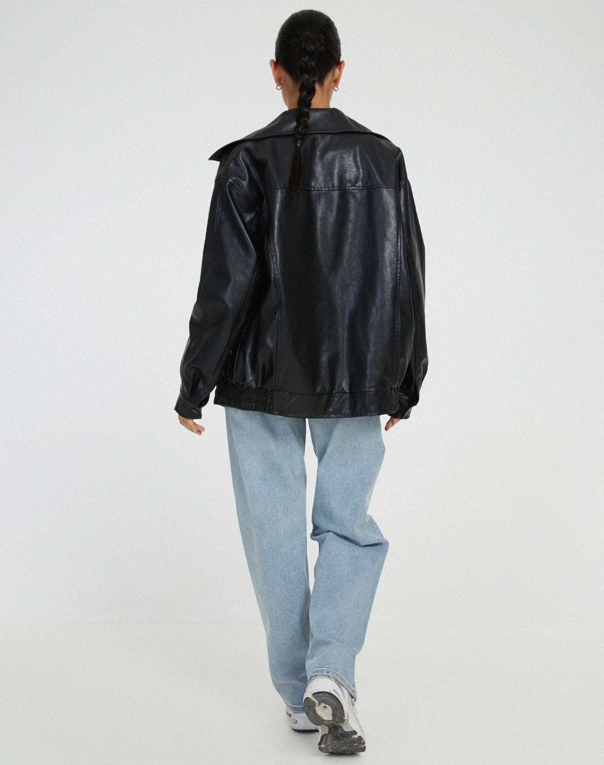 Oversized Faux Leather Bomber Jacket with Zip Front