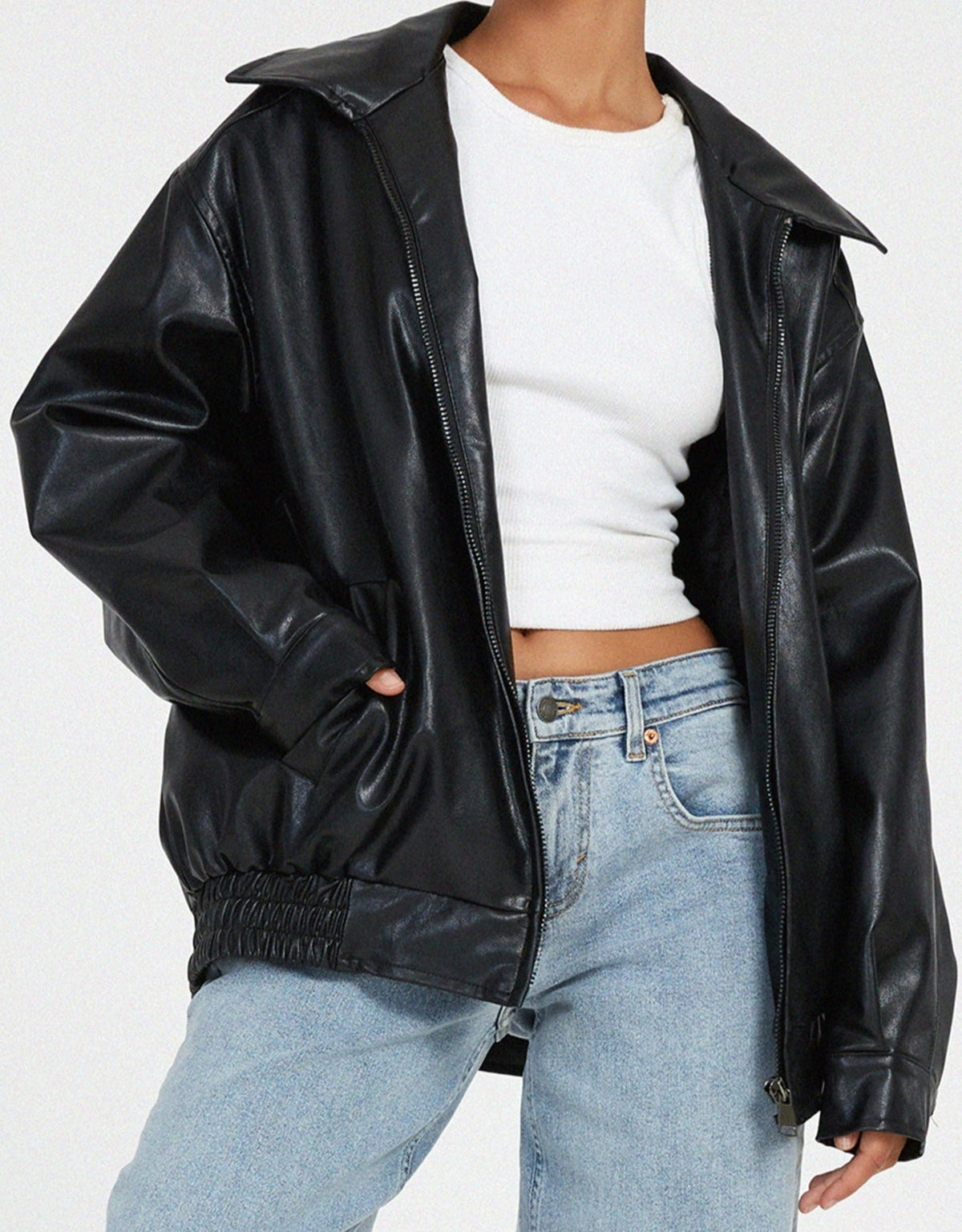 Oversized Faux Leather Bomber Jacket with Zip Front