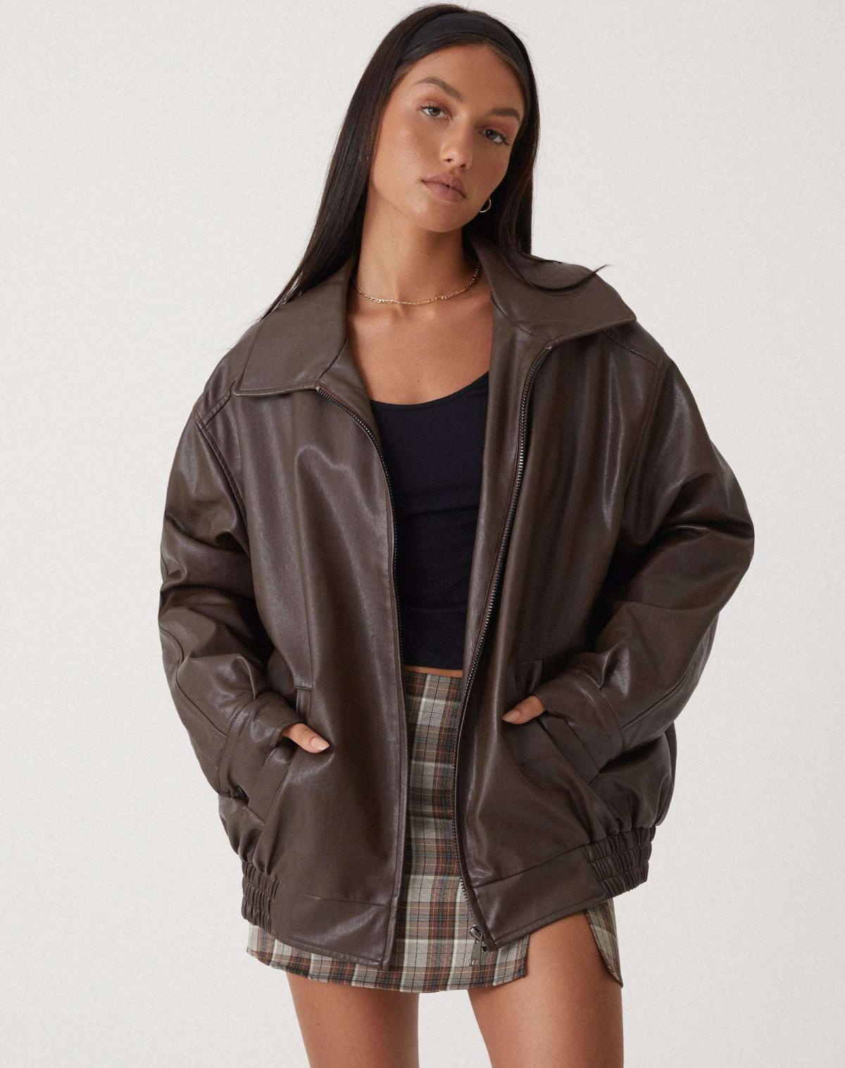 Oversized Faux Leather Bomber Jacket with Zip Front