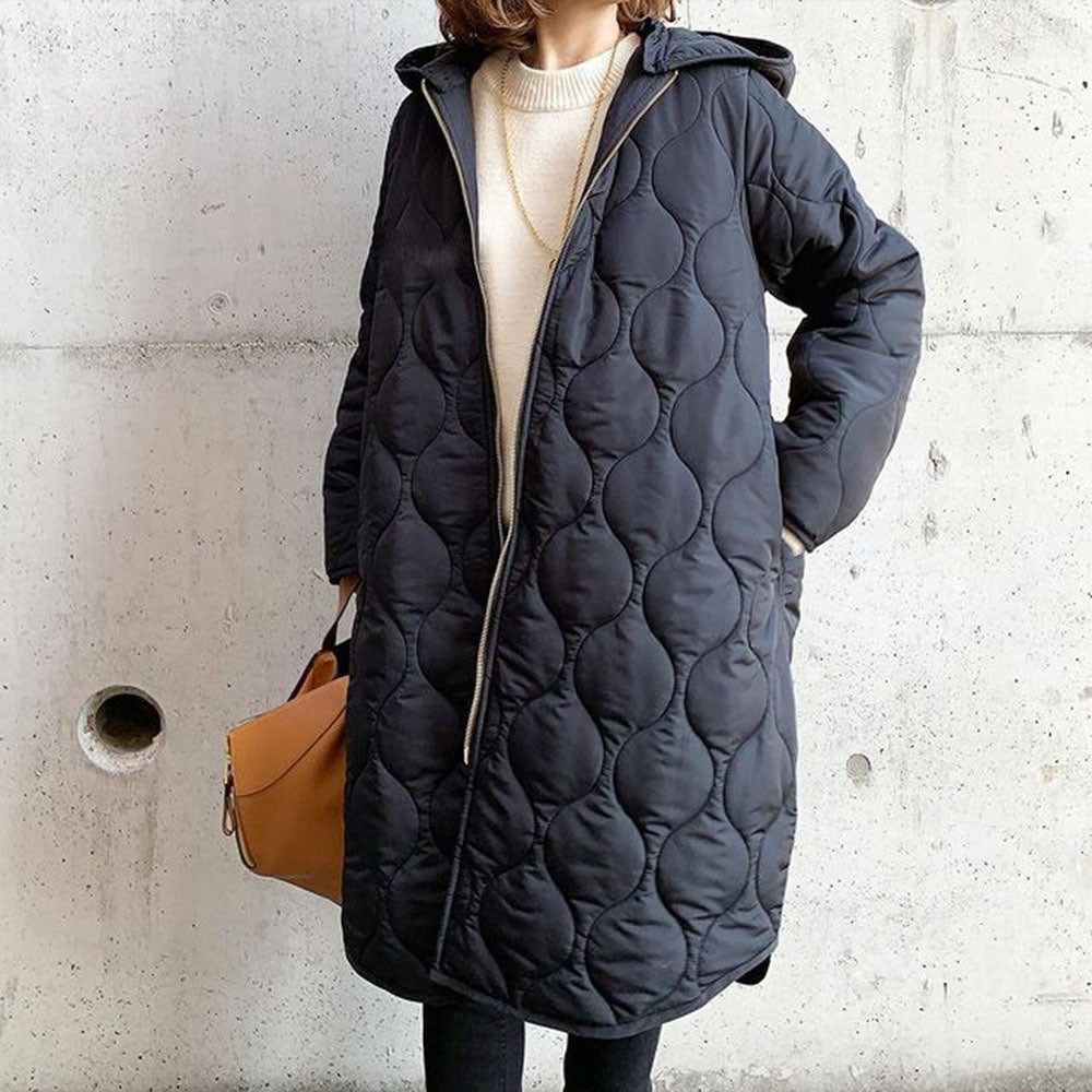 Oversized Hooded Quilted Coat with Curved Quilt Pattern