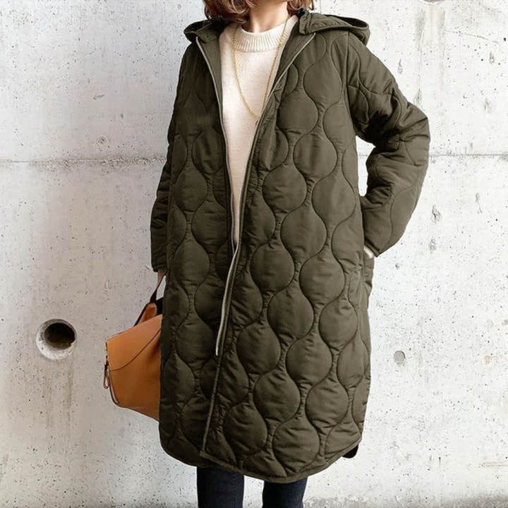Oversized Hooded Quilted Coat with Curved Quilt Pattern