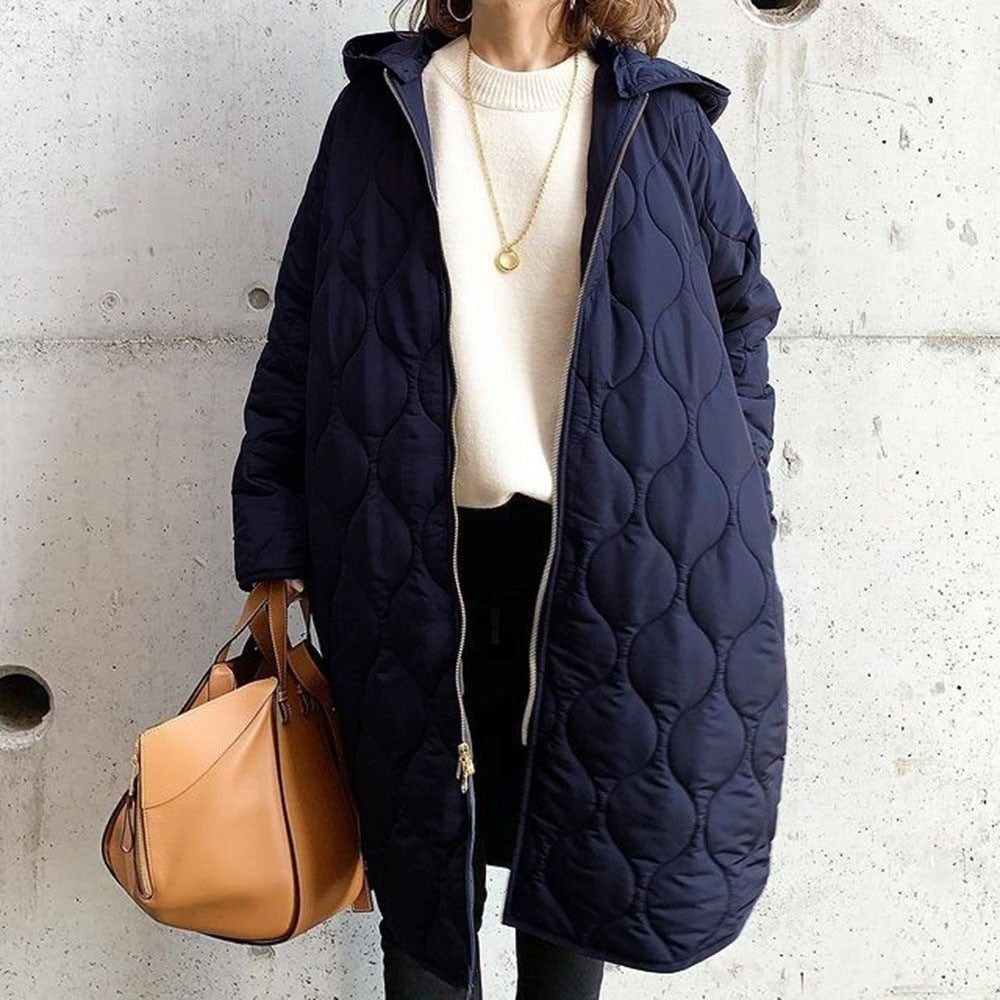 Oversized Hooded Quilted Coat with Curved Quilt Pattern