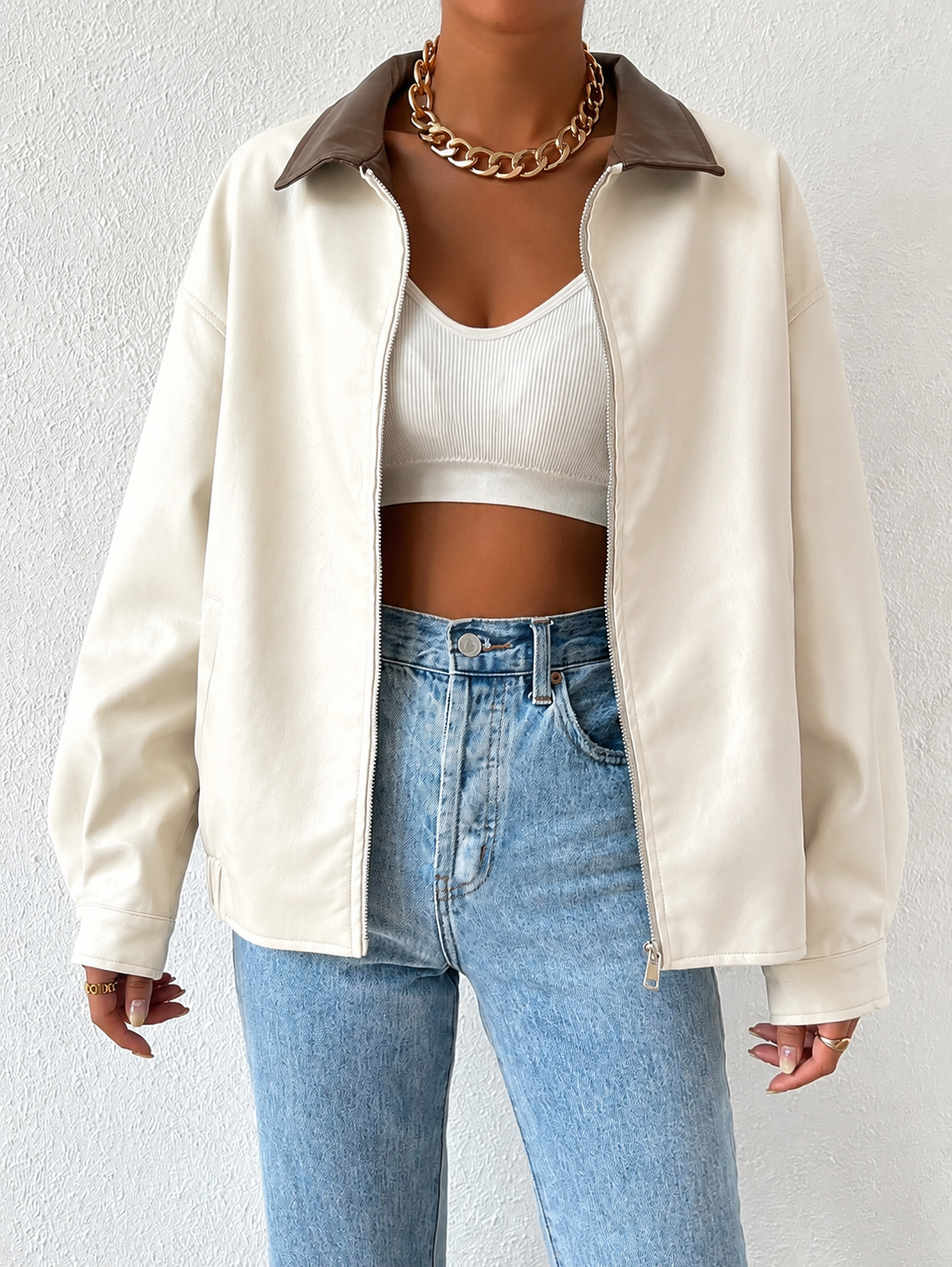 Oversized Leather Jacket with Drop Shoulder and Collar