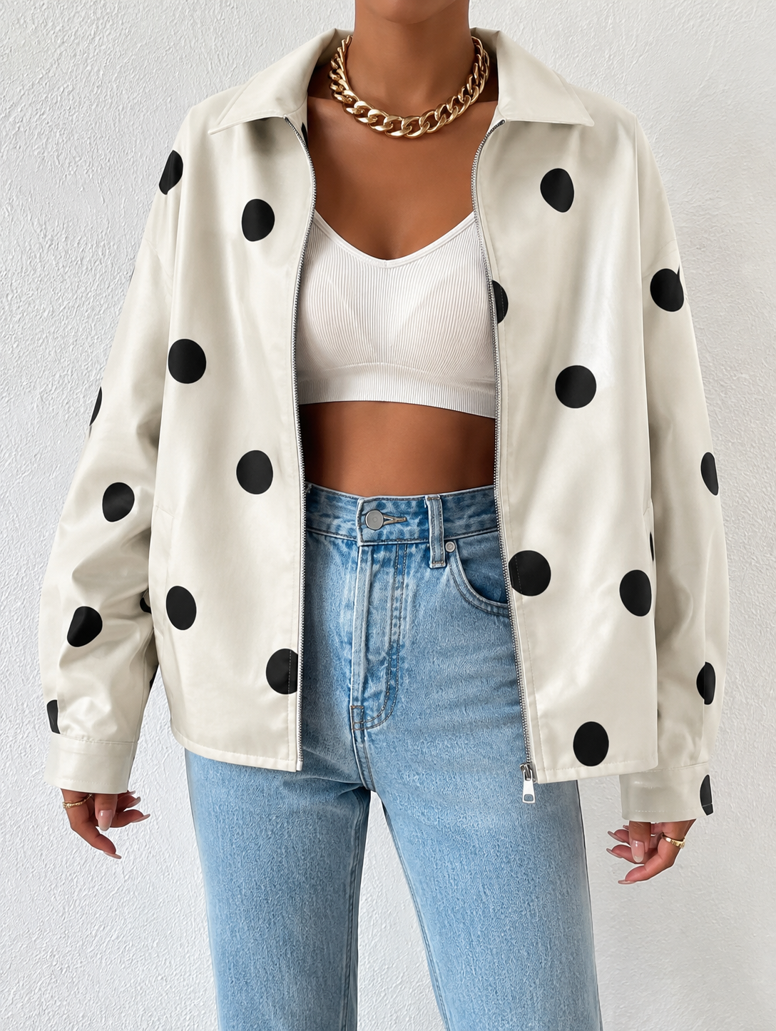 Oversized Leather Jacket with Drop Shoulder and Collar