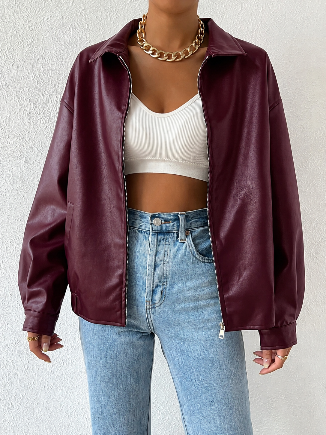 Oversized Leather Jacket with Drop Shoulder and Collar