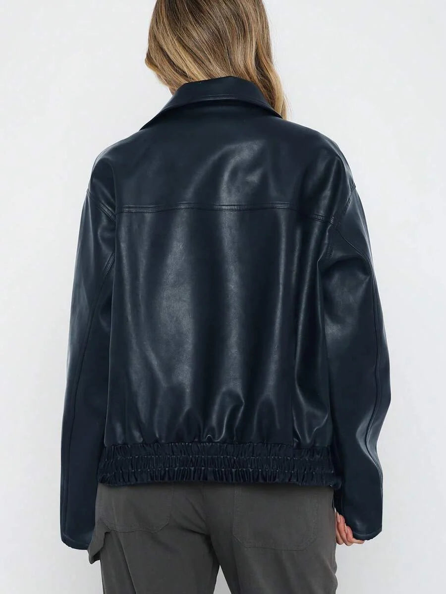 Oversized Leather Jacket with Gathered Hem and Wide Collar