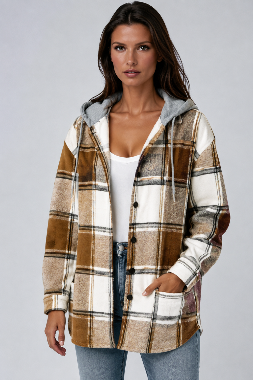 Oversized Plaid Shacket with Hood and Snap Buttons