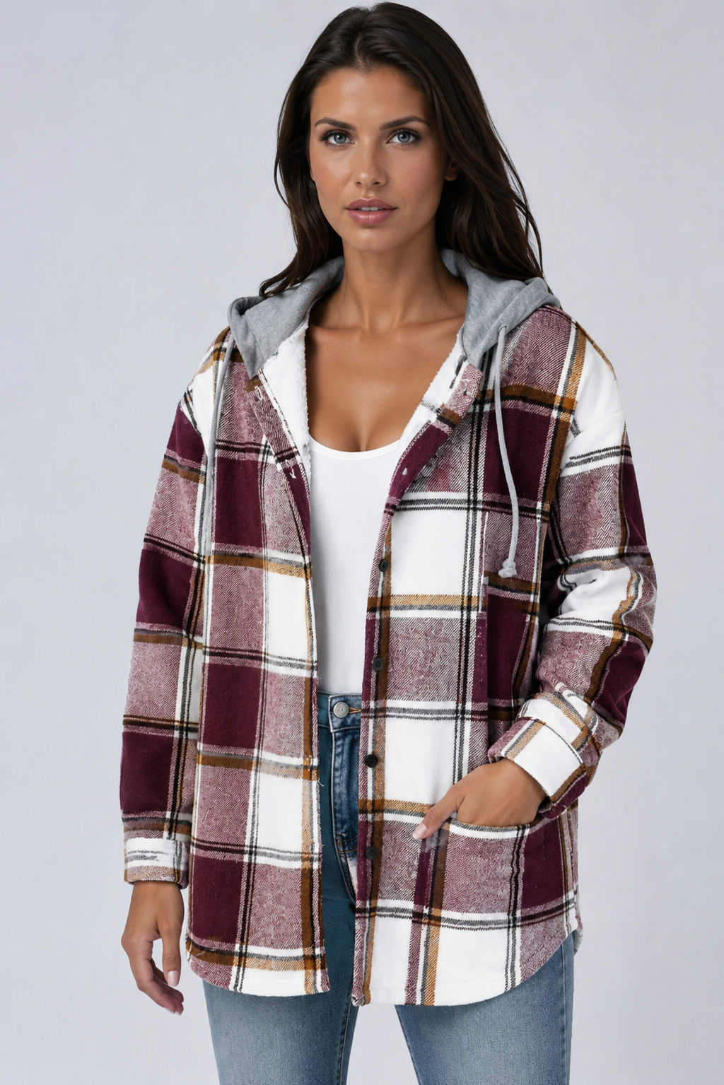 Oversized Plaid Shacket with Hood and Snap Buttons