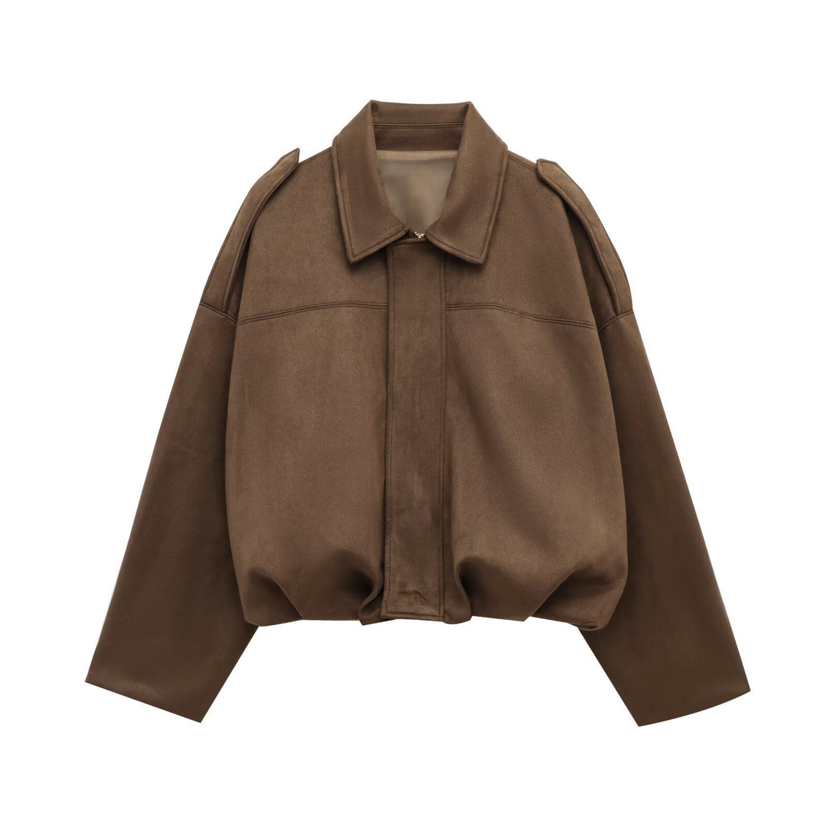 Oversized Suede Bomber Jacket with Zip Front and Drop Shoulders