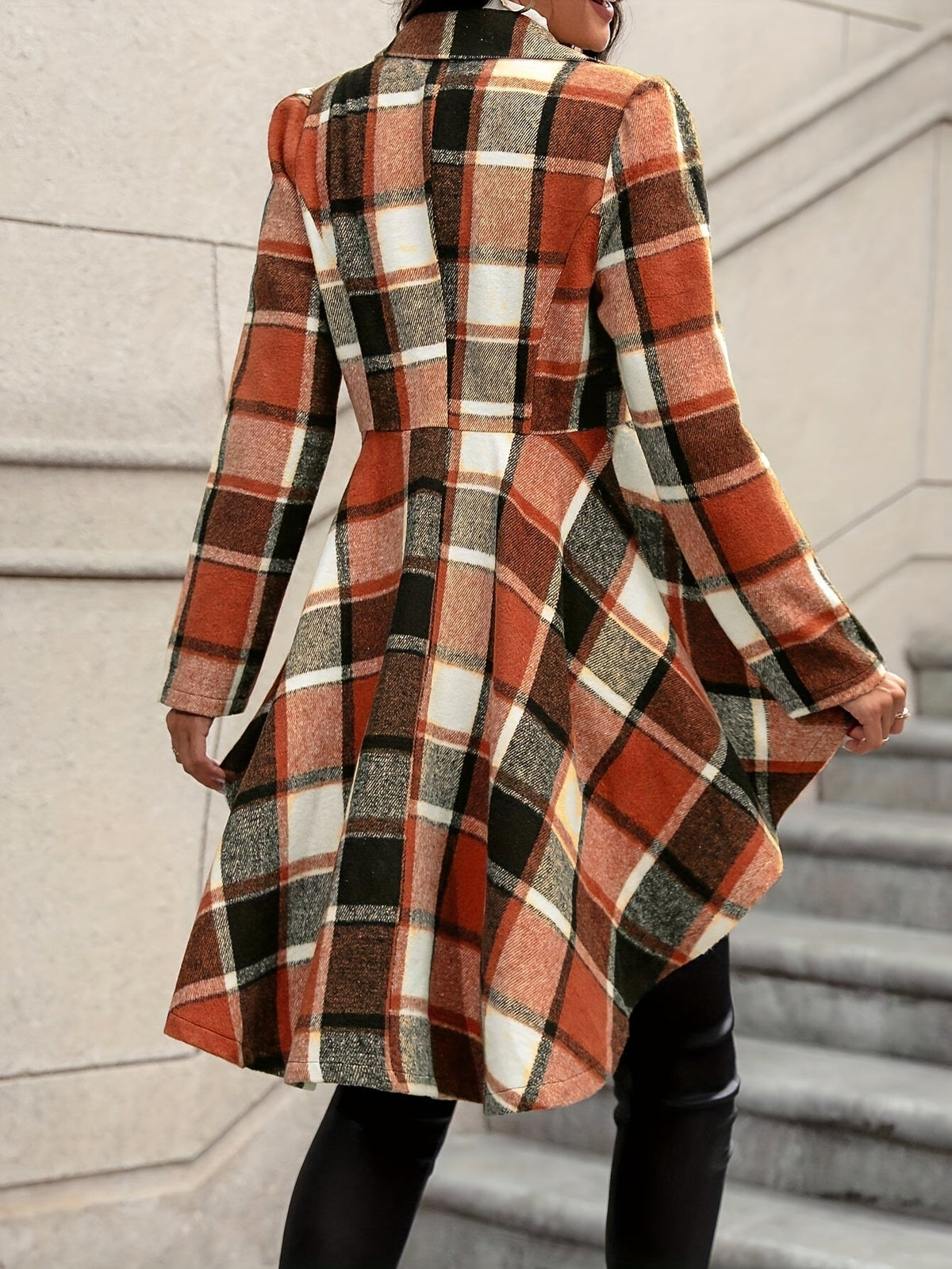 Plaid Wrap Jacket with Flared Hem and Single Button