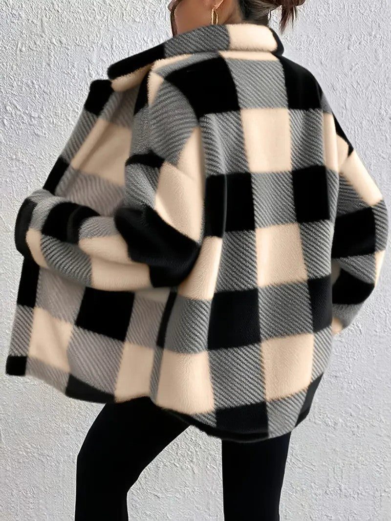 Plush Check Shacket with Gold Button Closure