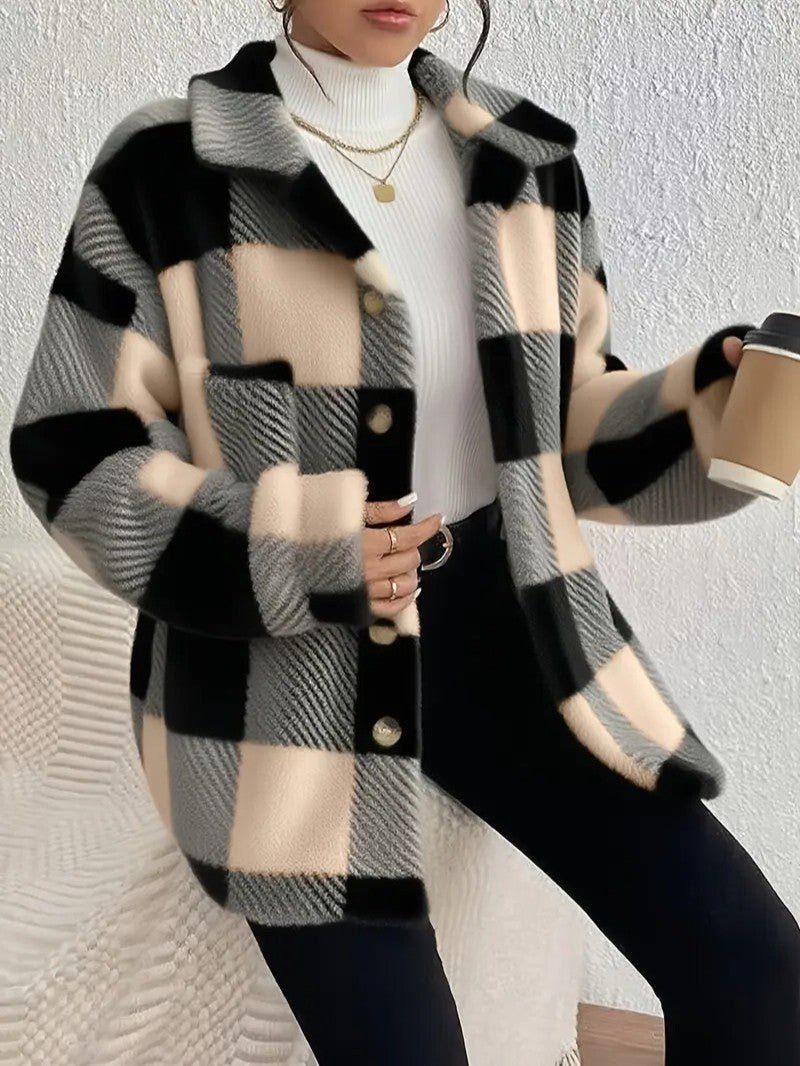 Plush Check Shacket with Gold Button Closure