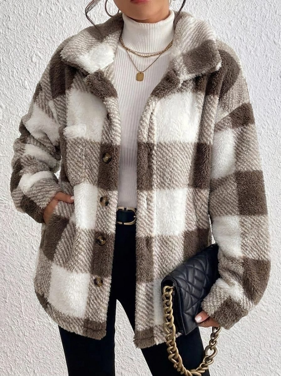 Plush Check Shacket with Gold Button Closure
