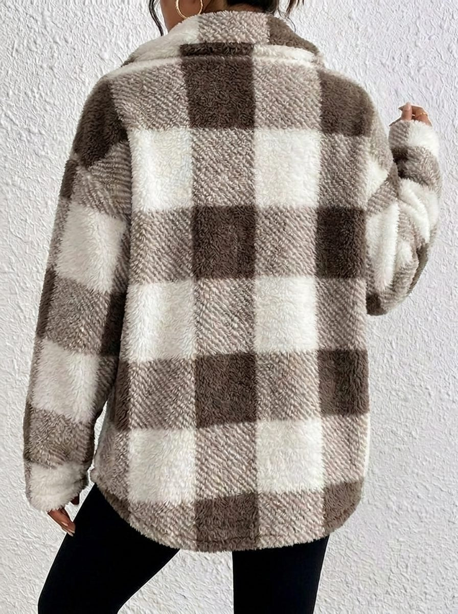 Plush Check Shacket with Gold Button Closure