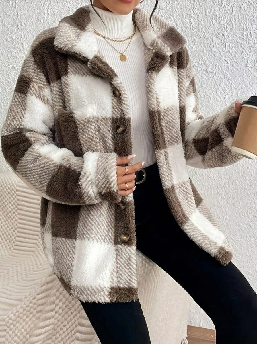 Plush Check Shacket with Gold Button Closure