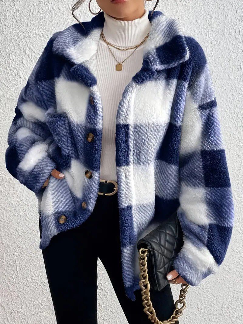 Plush Check Shacket with Gold Button Closure