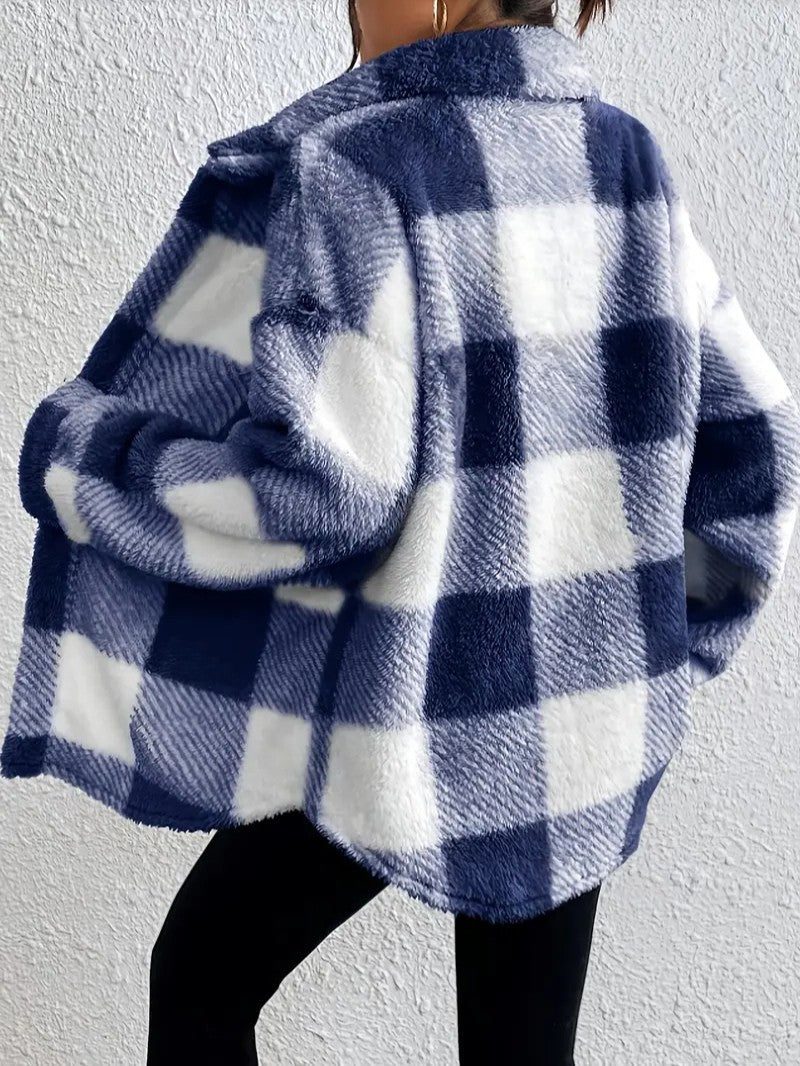 Plush Check Shacket with Gold Button Closure