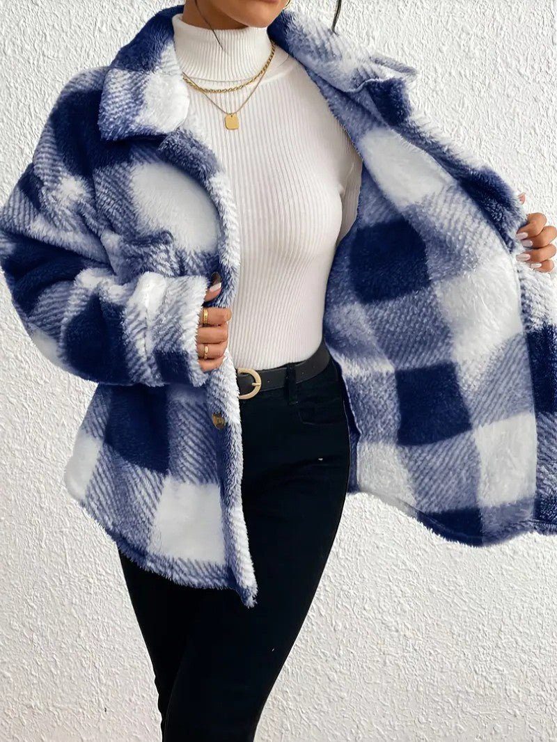 Plush Check Shacket with Gold Button Closure