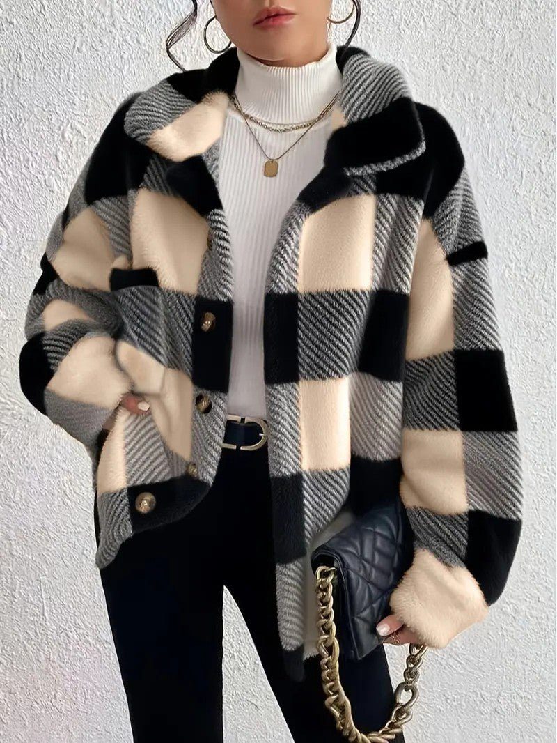 Plush Check Shacket with Gold Button Closure