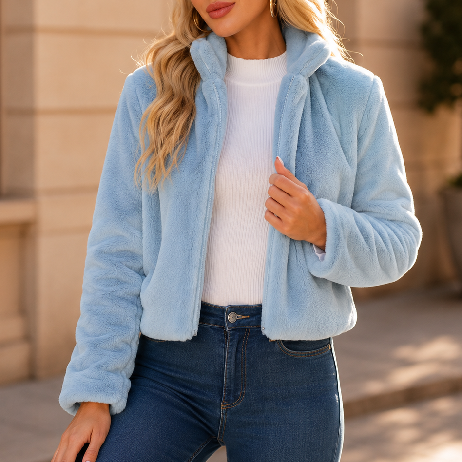 Plush Cropped Faux Fur Jacket with Wide Collar