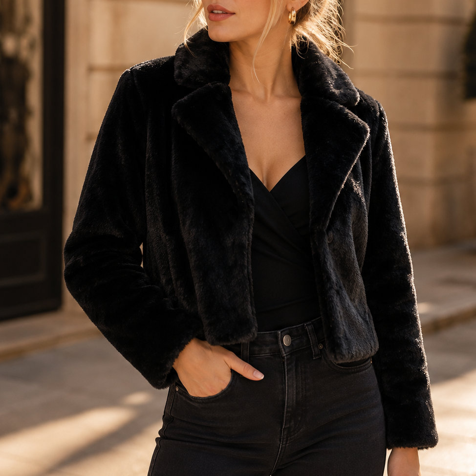 Plush Cropped Faux Fur Jacket with Wide Collar