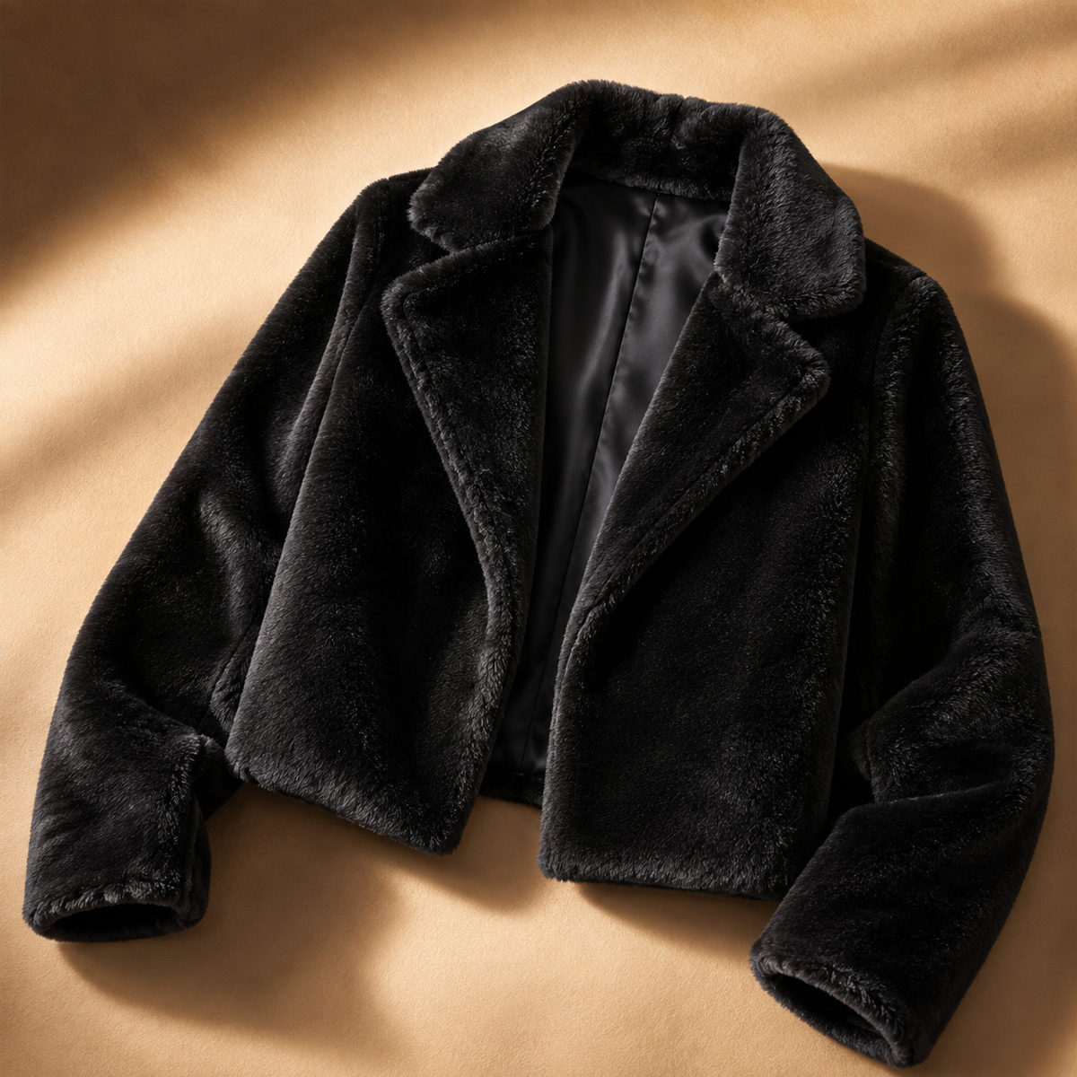 Plush Cropped Faux Fur Jacket with Wide Collar