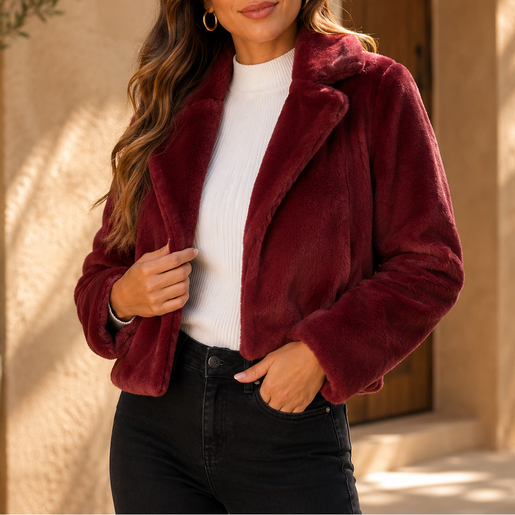 Plush Cropped Faux Fur Jacket with Wide Collar