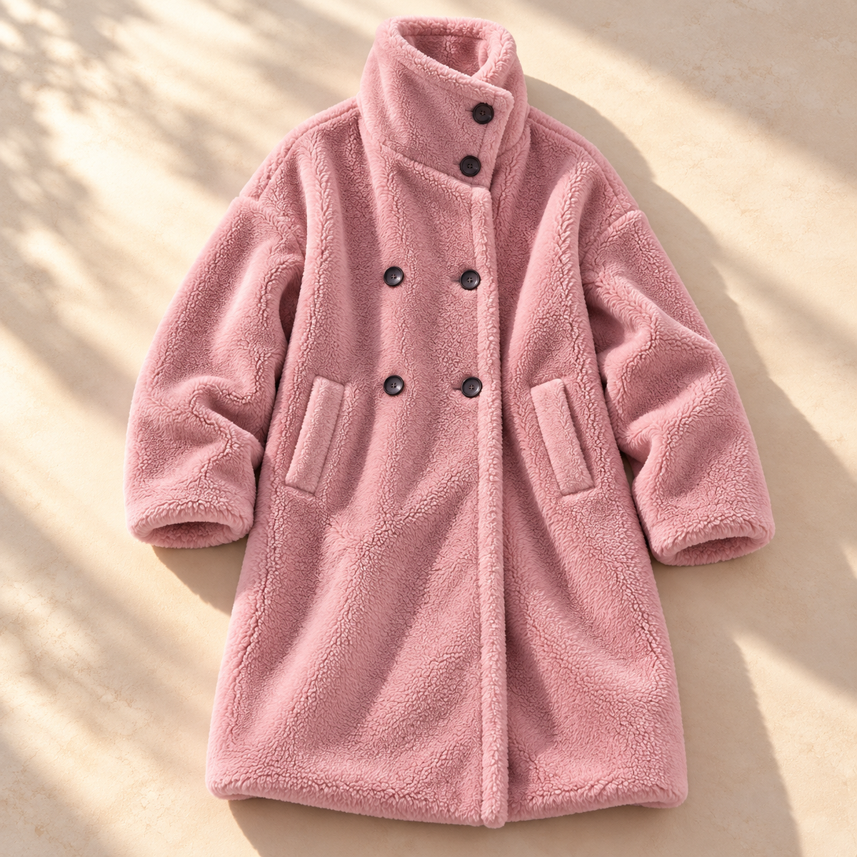 Plush Double Breasted Teddy Coat with Stand-Up Collar