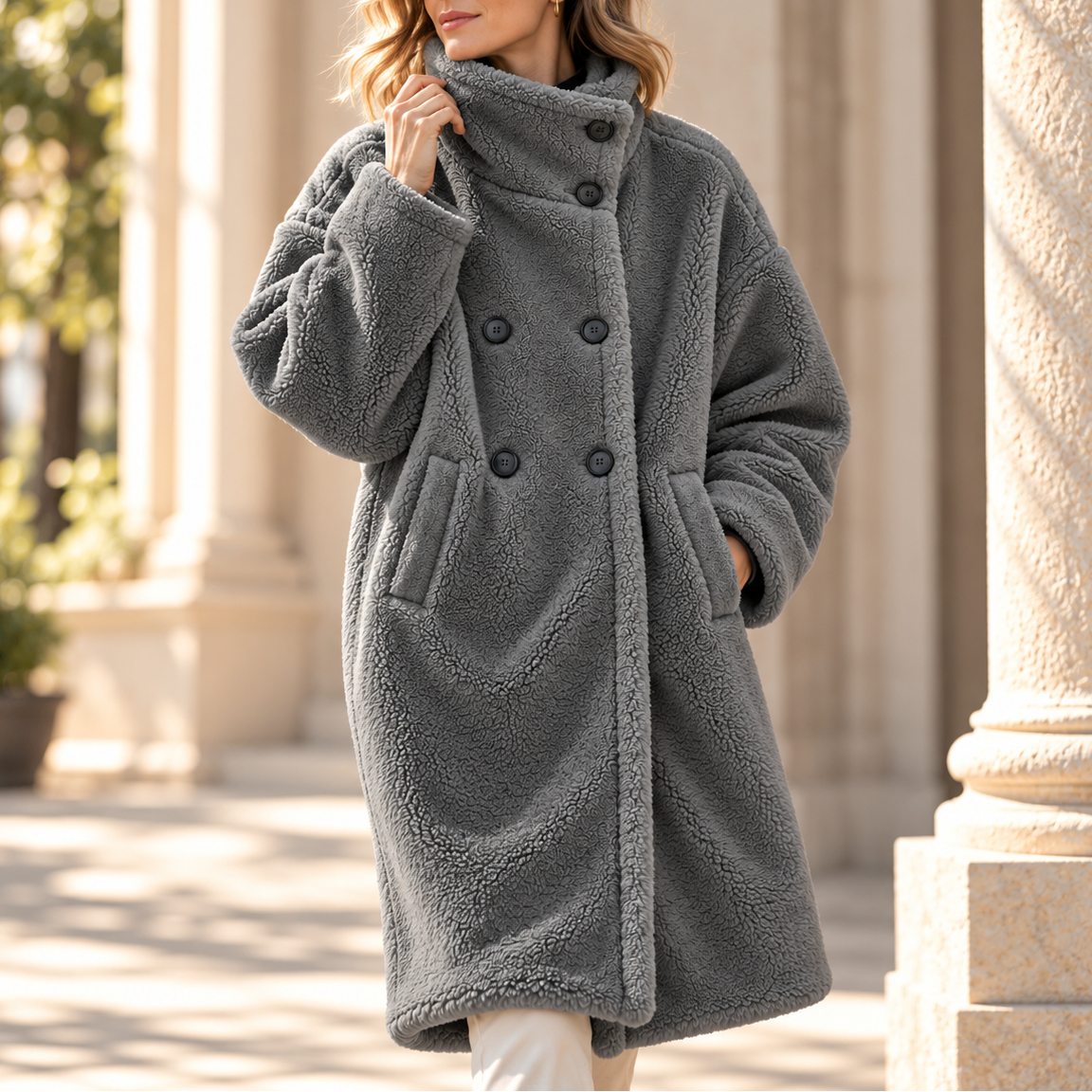 Plush Double Breasted Teddy Coat with Stand-Up Collar