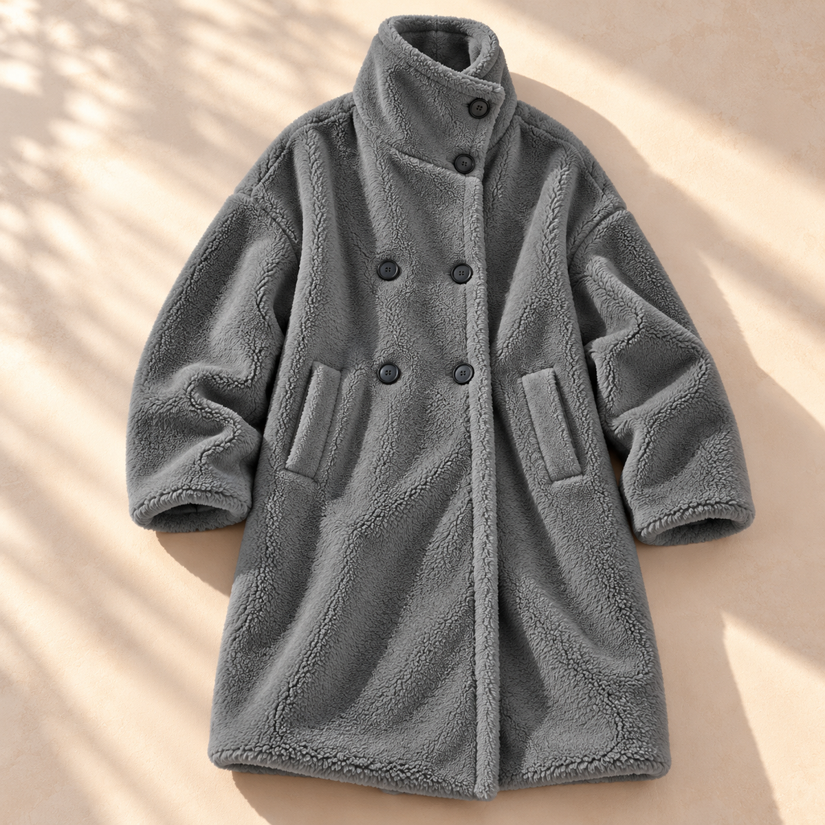 Plush Double Breasted Teddy Coat with Stand-Up Collar