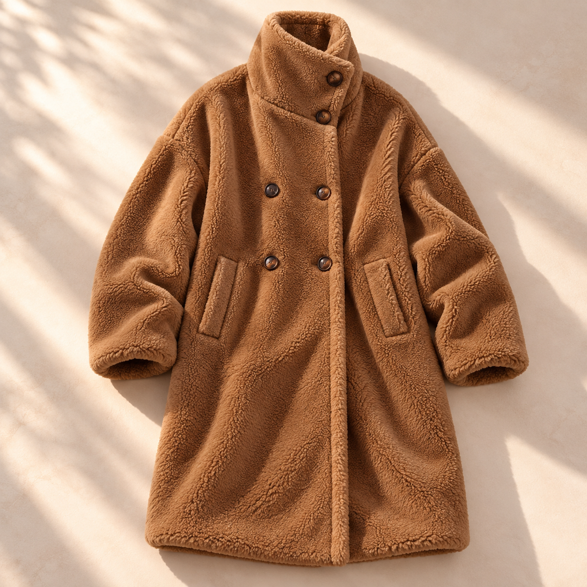 Plush Double Breasted Teddy Coat with Stand-Up Collar