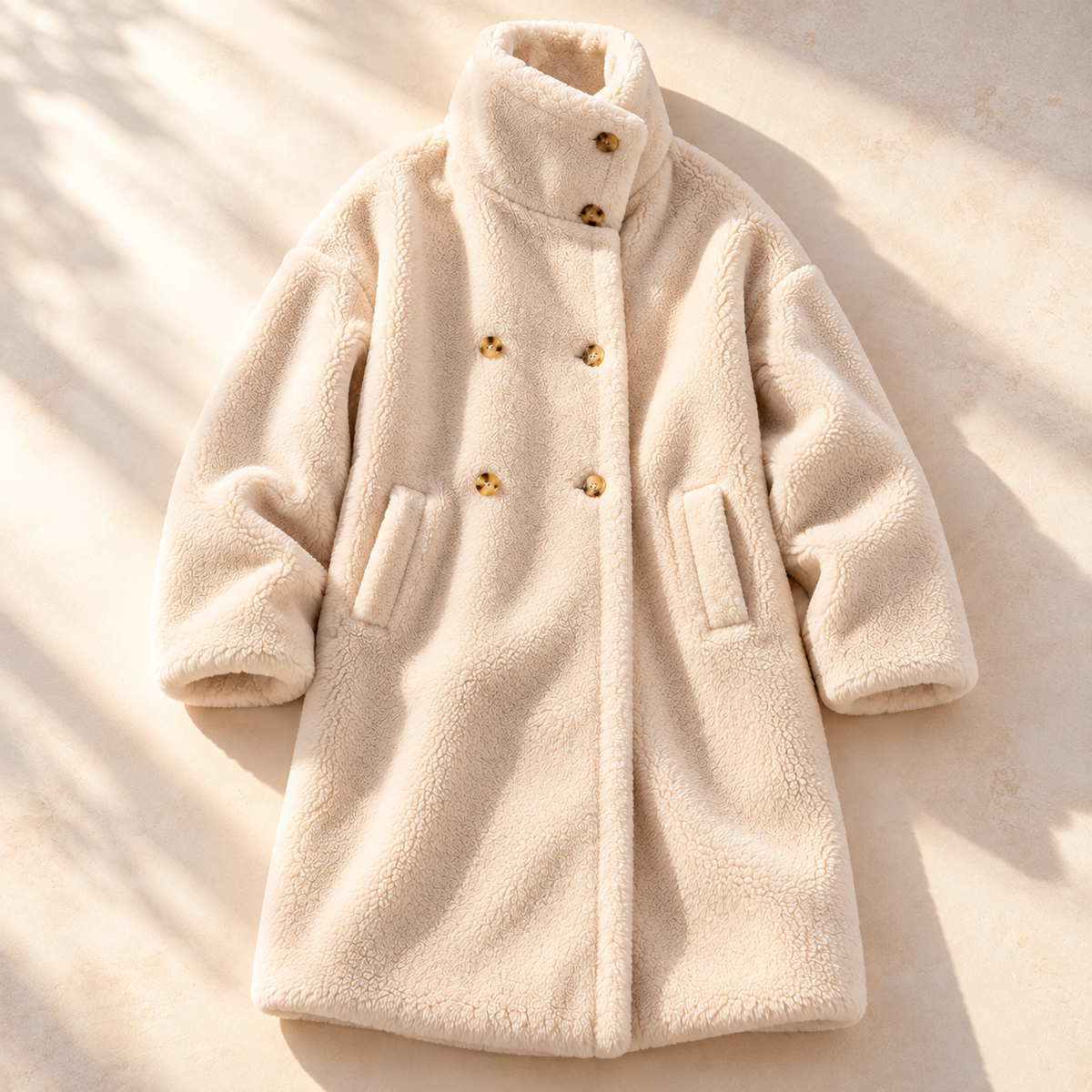 Plush Double Breasted Teddy Coat with Stand-Up Collar